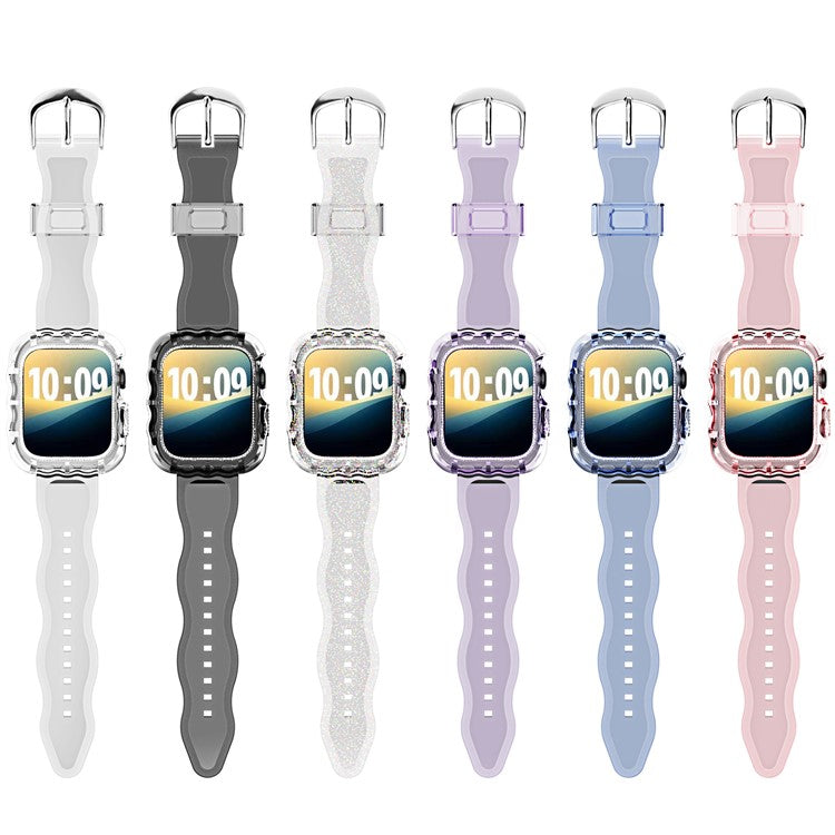 For Apple Watch Series 10 46mm Watch Case with Band Wave Pattern Integrated Watch Strap TPU Adjustable - Blue