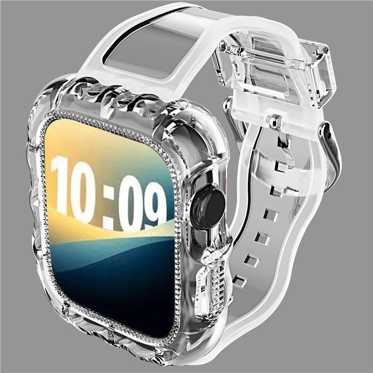 For Apple Watch Series 10 46mm Watch Case with Band Wave Pattern Integrated Watch Strap TPU Adjustable - White Glitter