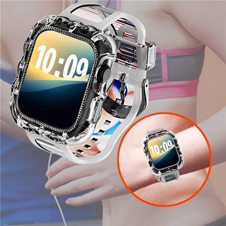 For Apple Watch Series 10 46mm Watch Case with Band Wave Pattern Integrated Watch Strap TPU Adjustable - White Glitter