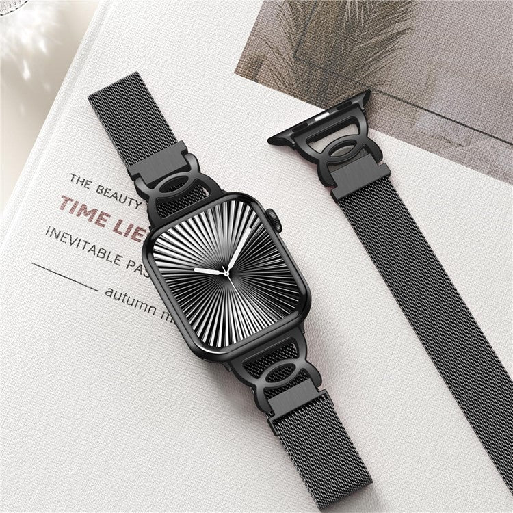 Watch Band For Apple Watch Series 10 Ultra 9 8 7 SE 6 5 4 3 2 1 46mm 49mm 45mm 44mm 42mm Magnetic Clasp Stainless Steel Strip - Black