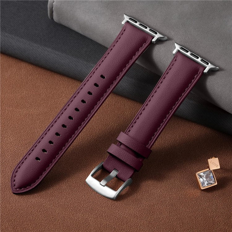 Leather Band For Apple Watch Series 10 9 8 7 SE 6 5 4 3 2 1 42mm 41mm 40mm 38mm Pointed Tail Strap Silver Buckle - Wine Red