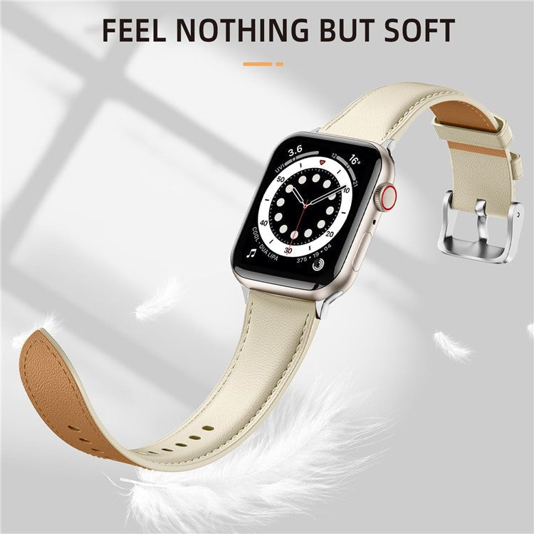 Leather Band For Apple Watch Series 10 9 8 7 SE 6 5 4 3 2 1 42mm 41mm 40mm 38mm Pointed Tail Strap Silver Buckle - Apricot