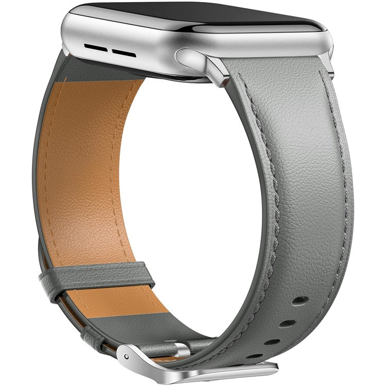 Leather Band For Apple Watch Series 10 Ultra 9 8 7 SE 6 5 4 3 2 1 46mm 49mm 45mm 44mm 42mm Pointed Tail Strap Silver Buckle - Grey