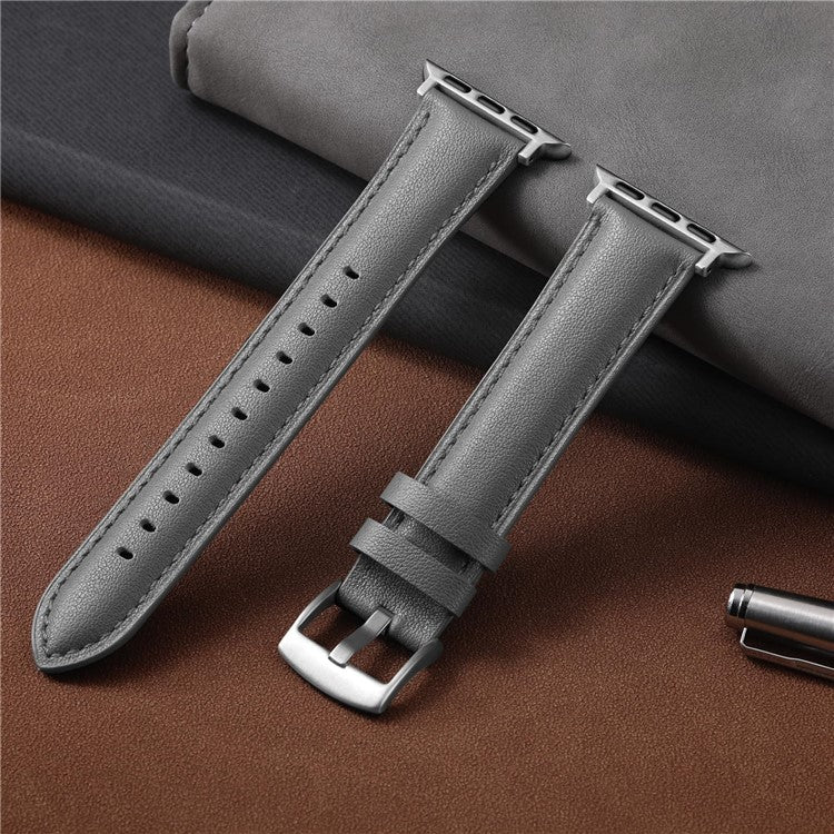 Leather Band For Apple Watch Series 10 Ultra 9 8 7 SE 6 5 4 3 2 1 46mm 49mm 45mm 44mm 42mm Pointed Tail Strap Silver Buckle - Grey