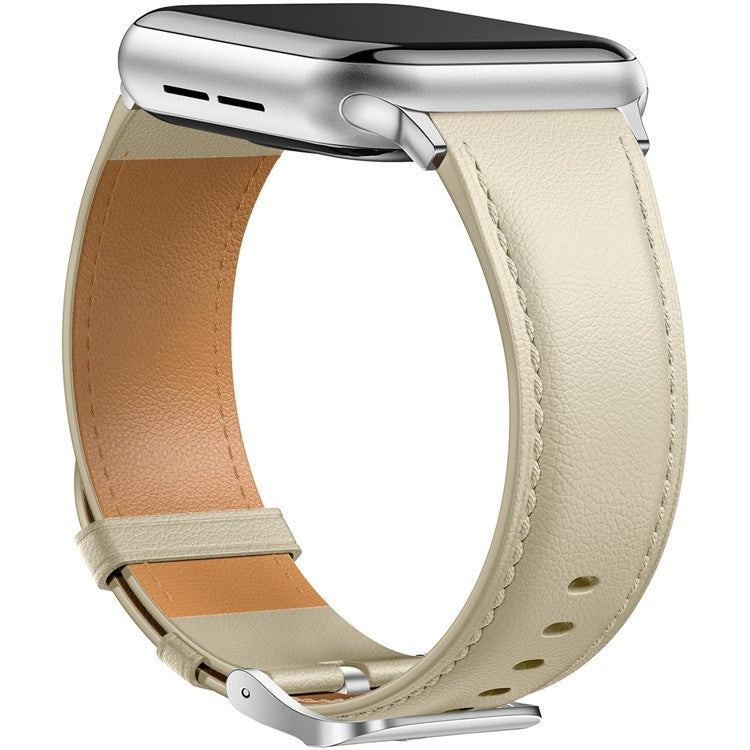 Leather Band For Apple Watch Series 10 Ultra 9 8 7 SE 6 5 4 3 2 1 46mm 49mm 45mm 44mm 42mm Pointed Tail Strap Silver Buckle - Apricot