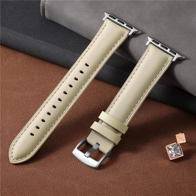 Leather Band For Apple Watch Series 10 Ultra 9 8 7 SE 6 5 4 3 2 1 46mm 49mm 45mm 44mm 42mm Pointed Tail Strap Silver Buckle - Apricot