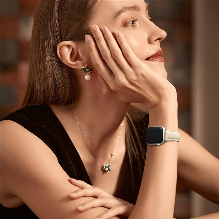 Leather Band For Apple Watch Series 10 Ultra 9 8 7 SE 6 5 4 3 2 1 46mm 49mm 45mm 44mm 42mm Pointed Tail Strap Silver Buckle - Apricot