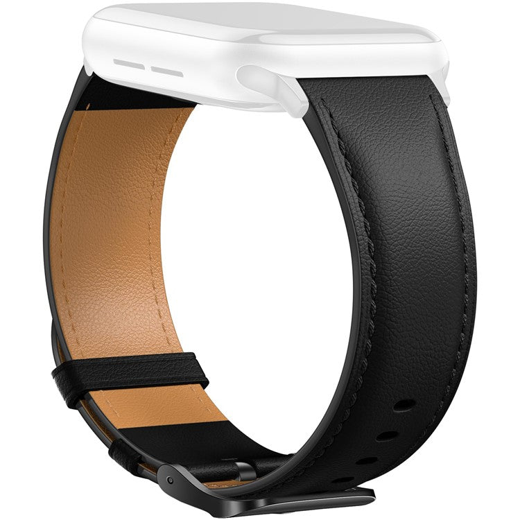 Leather Band For Apple Watch Series 10 9 8 7 SE 6 5 4 3 2 1 42mm 41mm 40mm 38mm Pointed Tail Strap Electroplated Buckle - Black / Black