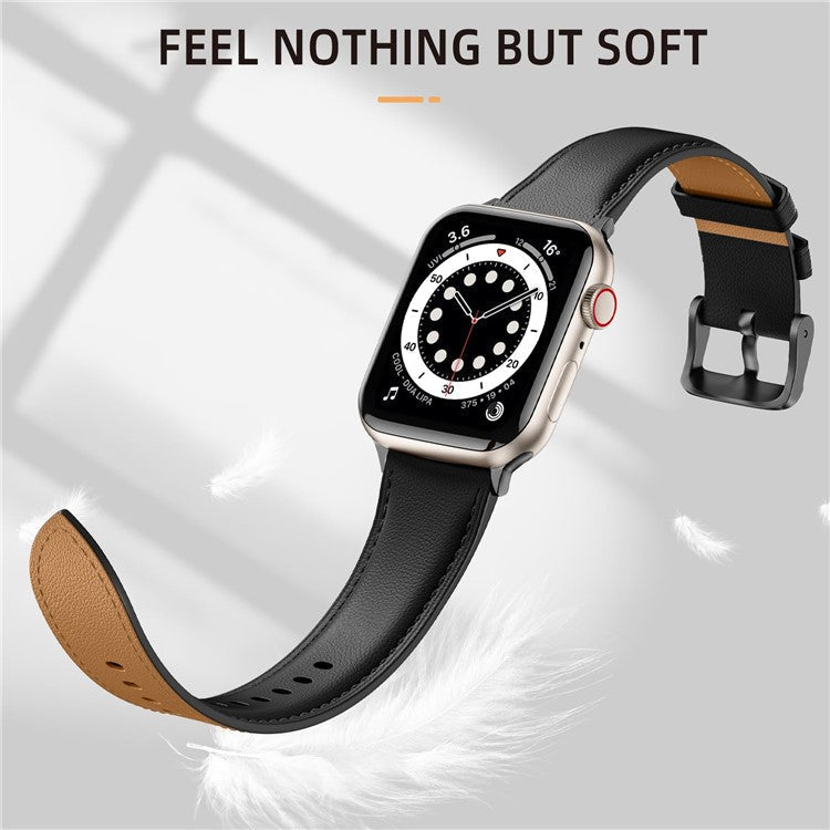 Leather Band For Apple Watch Series 10 9 8 7 SE 6 5 4 3 2 1 42mm 41mm 40mm 38mm Pointed Tail Strap Electroplated Buckle - Black / Black