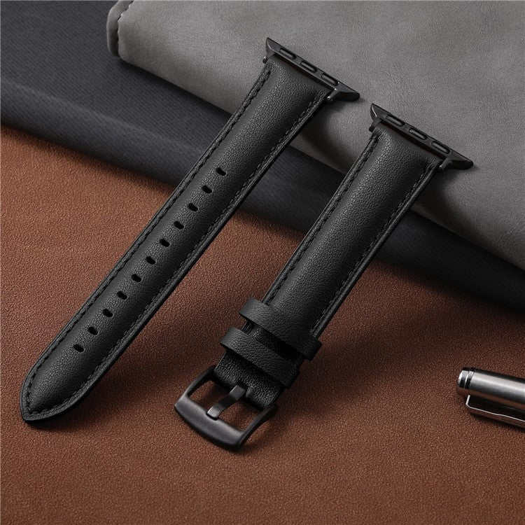 Leather Band For Apple Watch Series 10 9 8 7 SE 6 5 4 3 2 1 42mm 41mm 40mm 38mm Pointed Tail Strap Electroplated Buckle - Black / Black
