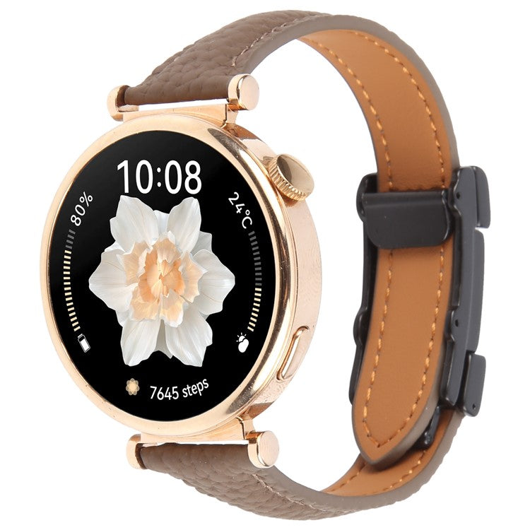 18mm Genuine Cow Leather Strap for Garmin Venu 3S  /  Forerunner 265S  /  Forerunner 255S Litchi Texture Magnetic Buckle Watch Band - Tan