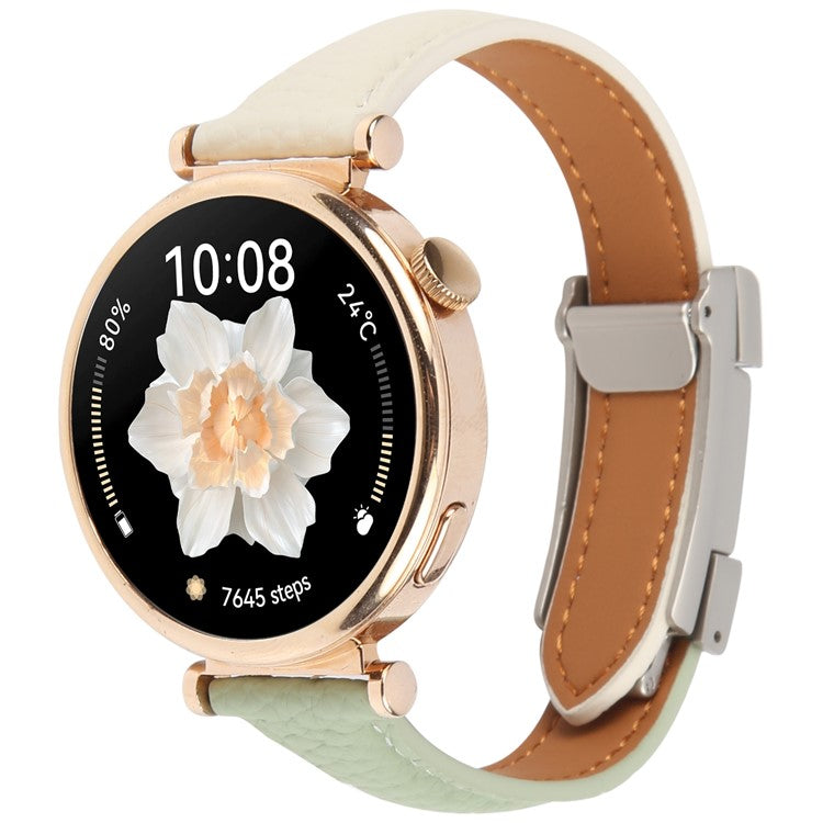 18mm Genuine Cow Leather Strap for Garmin Venu 3S  /  Forerunner 265S  /  Forerunner 255S Litchi Texture Magnetic Buckle Watch Band - Green+Beige