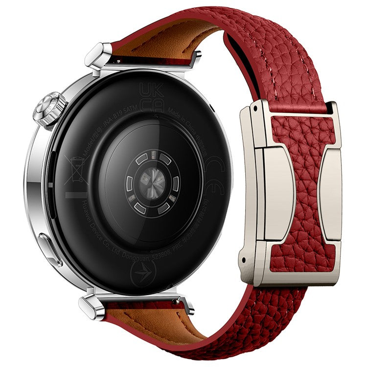 22mm Genuine Cow Leather Strap for Huawei Watch GT 5 Pro 46mm / GT 5 46mm / GT 4 46mm Litchi Texture Magnetic Buckle Watch Band - Red