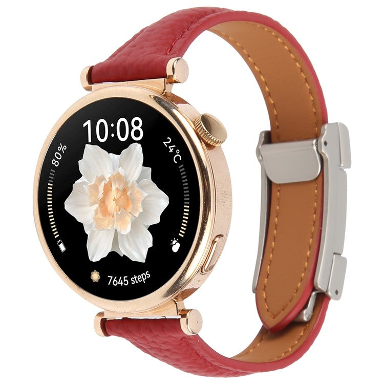 22mm Genuine Cow Leather Strap for Huawei Watch GT 5 Pro 46mm / GT 5 46mm / GT 4 46mm Litchi Texture Magnetic Buckle Watch Band - Red