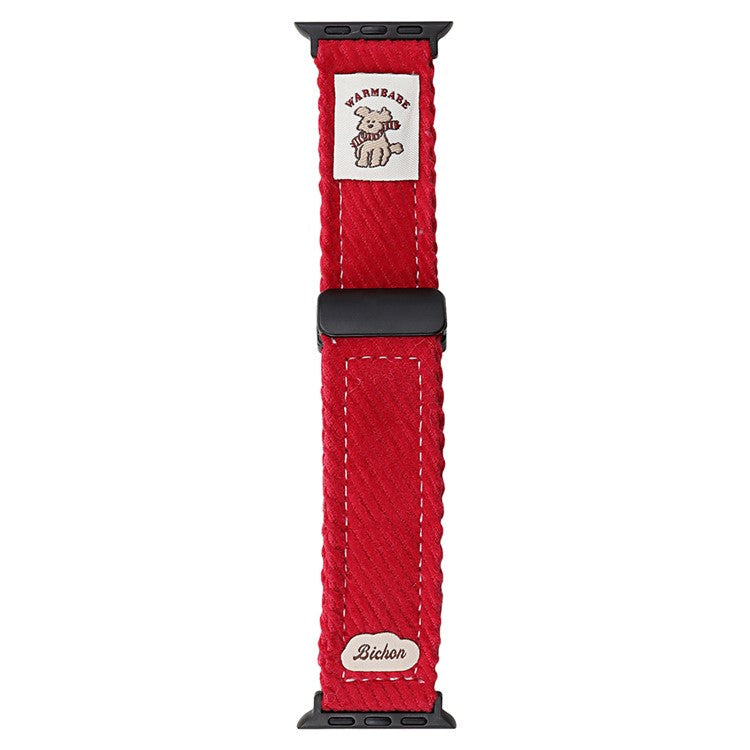 Corduroy Watch Band For Apple Watch Series 10 Ultra 9 8 7 SE 6 5 4 3 2 1 46mm 49mm 45mm 44mm 42mm Magnetic Clasp Wrist Strap - Red