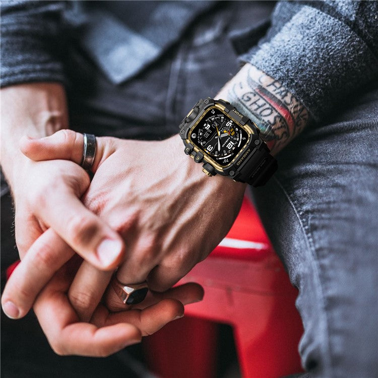 AMBAND Watch Band for Apple Watch Series 9 / 8 / 7 45mm Bump Proof TPU Strap with Integrated Watch Case - Black / Gold