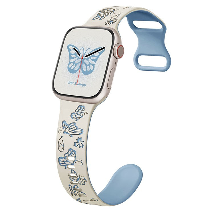 KALEBOL Dual Color Silicone Strap for Apple Watch Series 10 9 8 7 SE 6 5 4 3 2 1 42mm 41mm 40mm 38mm Butterfly Buckle Watchband - White + Blue