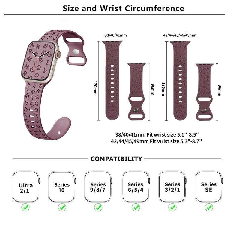 KALEBOL Silicone Band for Apple Watch Series 10 Ultra 9 8 7 SE 6 5 4 3 2 1 46mm 49mm 45mm 44mm 42mm Alphabet Pattern Watch Strap - Deep Pink