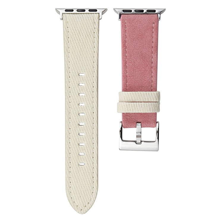 Splicing Color Watch Band for Apple Watch Series 10 Ultra 9 8 7 SE 6 5 4 3 2 1 46mm 49mm 45mm 44mm 42mm Suede + Denim Strap - White + Pink