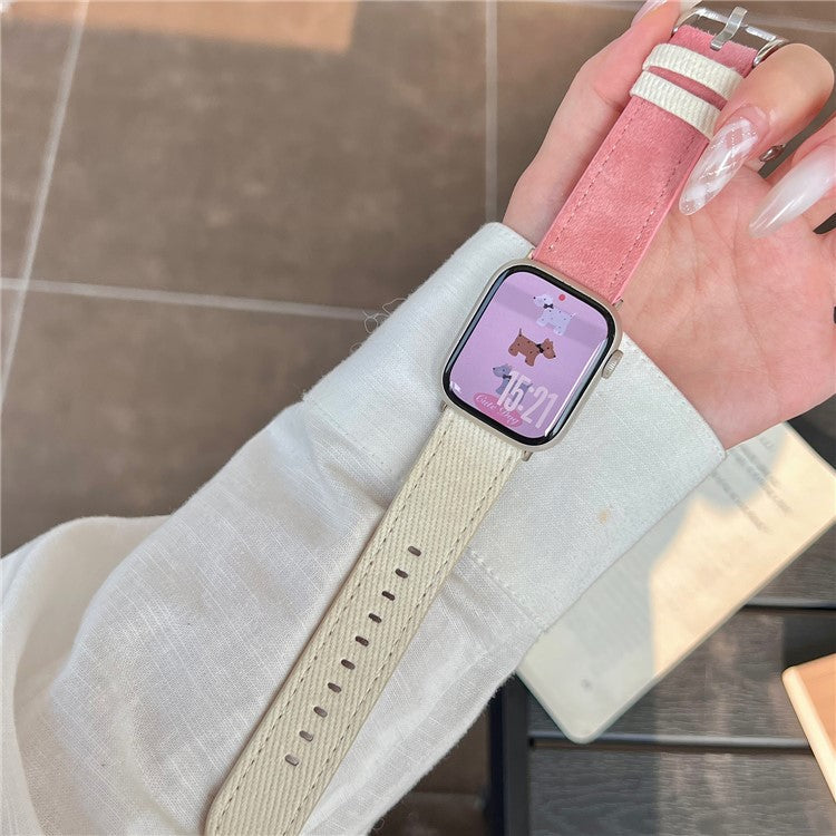 Splicing Color Watch Band for Apple Watch Series 10 Ultra 9 8 7 SE 6 5 4 3 2 1 46mm 49mm 45mm 44mm 42mm Suede + Denim Strap - White + Pink