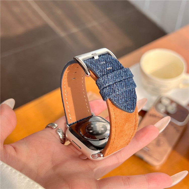 Splicing Color Watch Band for Apple Watch Series 10 Ultra 9 8 7 SE 6 5 4 3 2 1 46mm 49mm 45mm 44mm 42mm Suede + Denim Strap - White + Pink