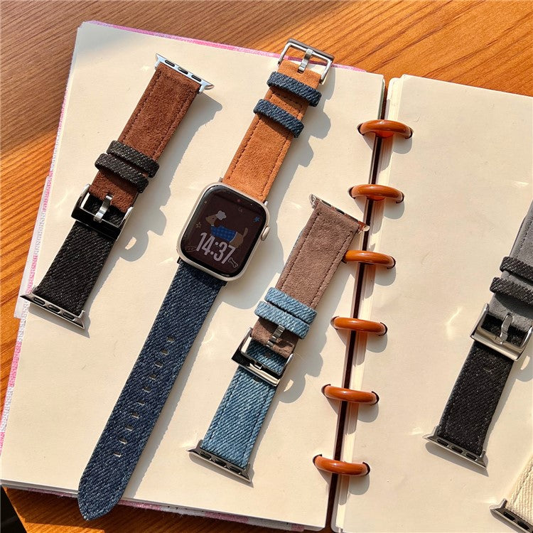 Splicing Color Watch Band for Apple Watch Series 10 Ultra 9 8 7 SE 6 5 4 3 2 1 46mm 49mm 45mm 44mm 42mm Suede + Denim Strap - White + Pink