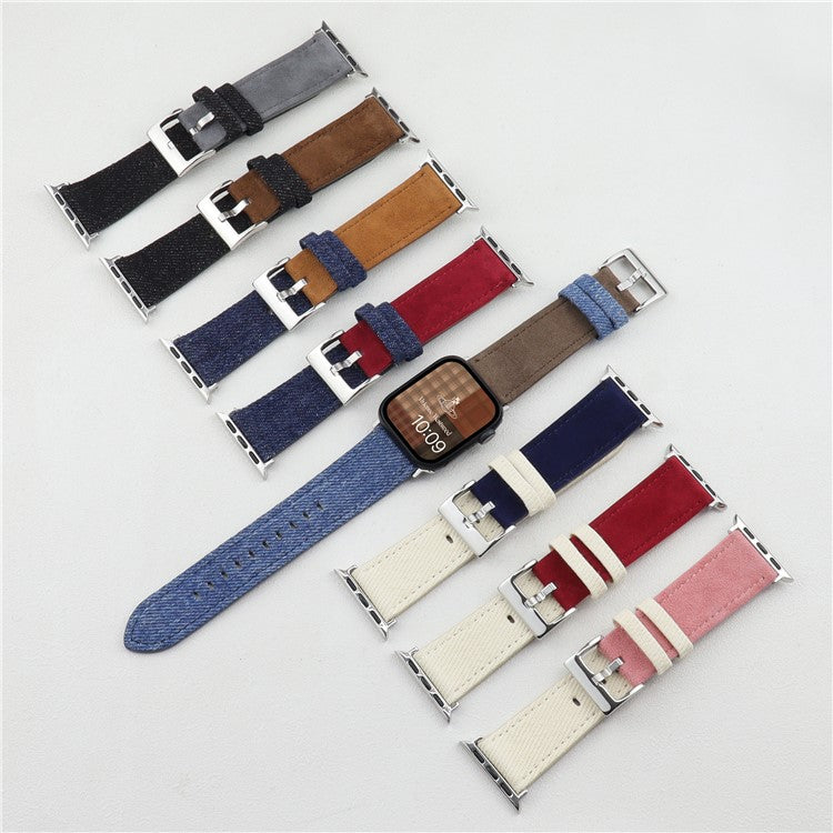 Splicing Color Watch Band for Apple Watch Series 10 Ultra 9 8 7 SE 6 5 4 3 2 1 46mm 49mm 45mm 44mm 42mm Suede + Denim Strap - White + Pink