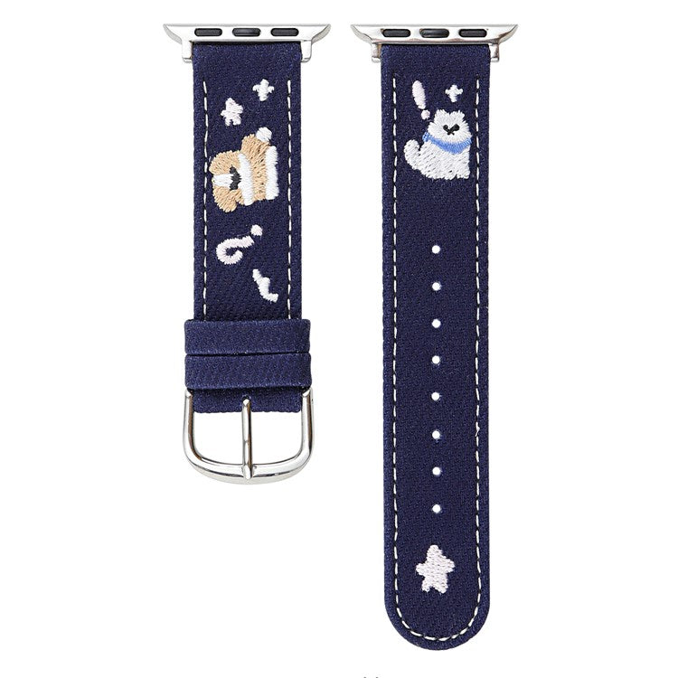 Denim Watch Band for Apple Watch Series 10 Ultra 9 8 7 SE 6 5 4 3 2 1 46mm 49mm 45mm 44mm 42mm Embroidered Dog Star Strap - Dark Blue
