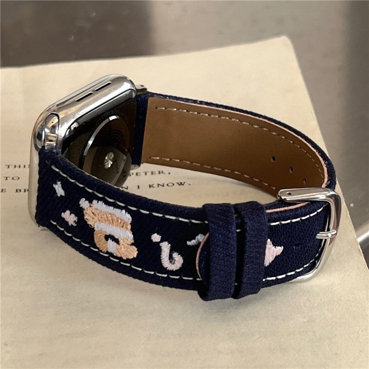 Denim Watch Band for Apple Watch Series 10 Ultra 9 8 7 SE 6 5 4 3 2 1 46mm 49mm 45mm 44mm 42mm Embroidered Dog Star Strap - Dark Blue