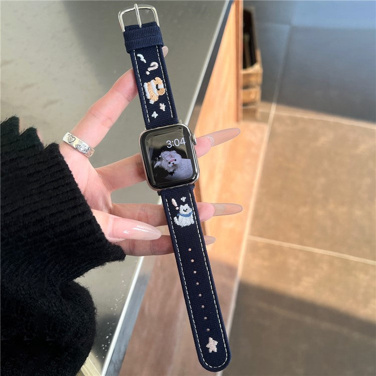 Denim Watch Band for Apple Watch Series 10 Ultra 9 8 7 SE 6 5 4 3 2 1 46mm 49mm 45mm 44mm 42mm Embroidered Dog Star Strap - Dark Blue