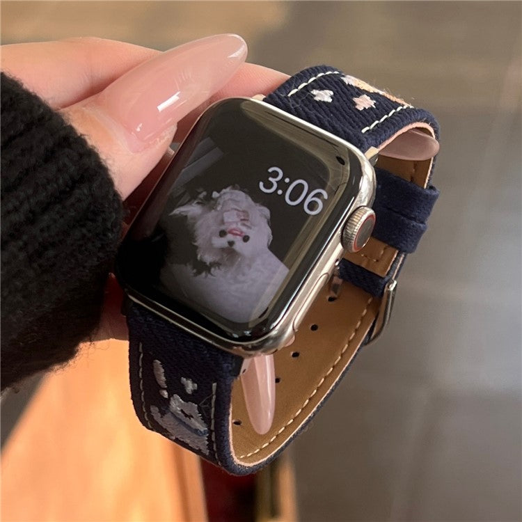 Denim Watch Band for Apple Watch Series 10 Ultra 9 8 7 SE 6 5 4 3 2 1 46mm 49mm 45mm 44mm 42mm Embroidered Dog Star Strap - Dark Blue