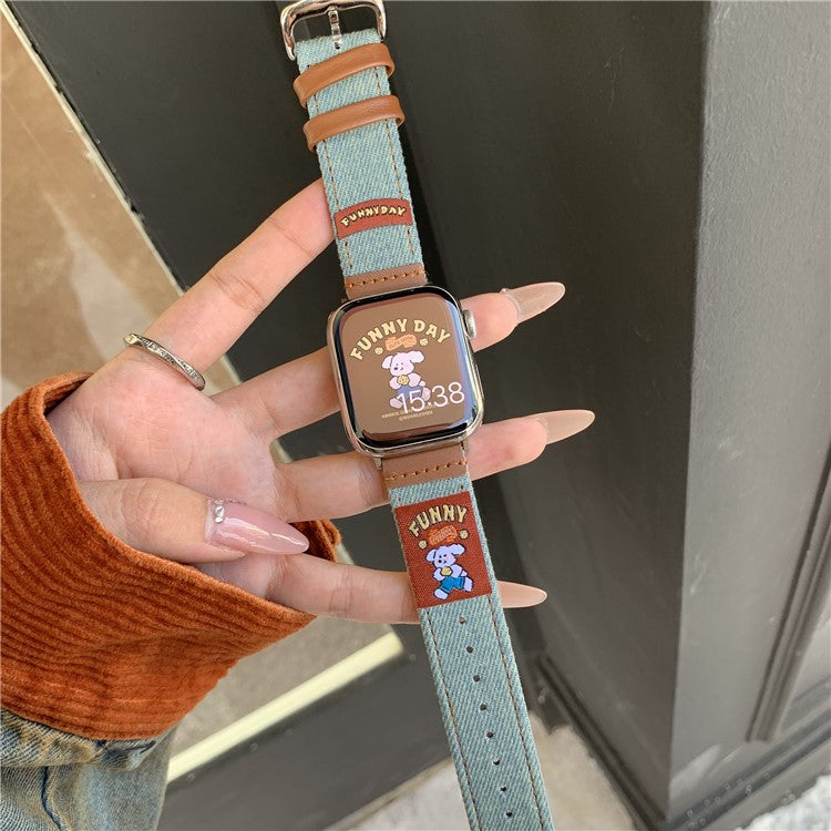Denim Watch Band for Apple Watch Series 10 Ultra 9 8 7 SE 6 5 4 3 2 1 46mm 49mm 45mm 44mm 42mm Retro Replacement Strap - American Football / Light Blue