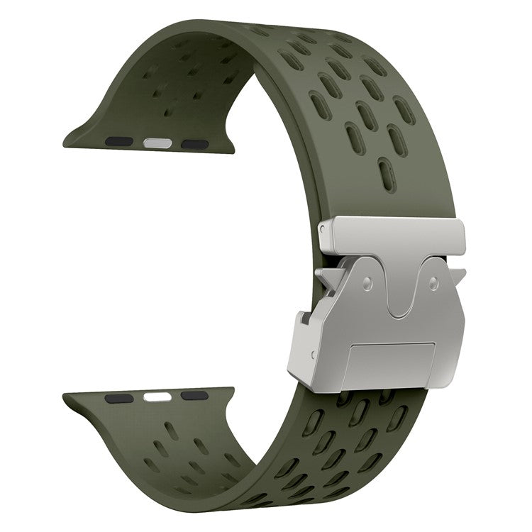 KALEBOL Silicone Band For Apple Watch Series 10 Ultra 9 8 7 SE 6 5 4 3 2 1 46mm 49mm 45mm 44mm 42mm Hollow Strap with Silver Buckle - Army Green