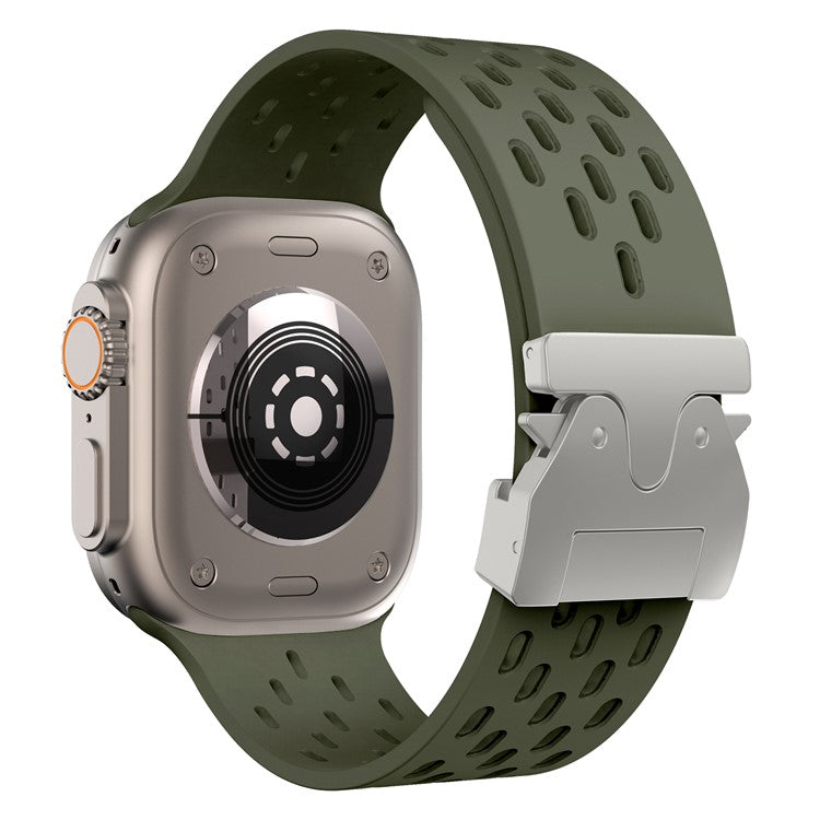 KALEBOL Silicone Band For Apple Watch Series 10 Ultra 9 8 7 SE 6 5 4 3 2 1 46mm 49mm 45mm 44mm 42mm Hollow Strap with Silver Buckle - Army Green