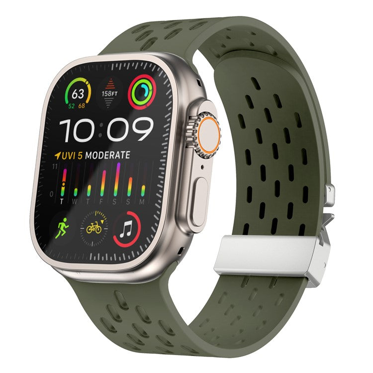 KALEBOL Silicone Band For Apple Watch Series 10 Ultra 9 8 7 SE 6 5 4 3 2 1 46mm 49mm 45mm 44mm 42mm Hollow Strap with Silver Buckle - Army Green