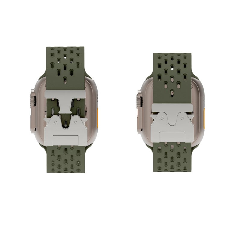 KALEBOL Silicone Band For Apple Watch Series 10 Ultra 9 8 7 SE 6 5 4 3 2 1 46mm 49mm 45mm 44mm 42mm Hollow Strap with Silver Buckle - Army Green