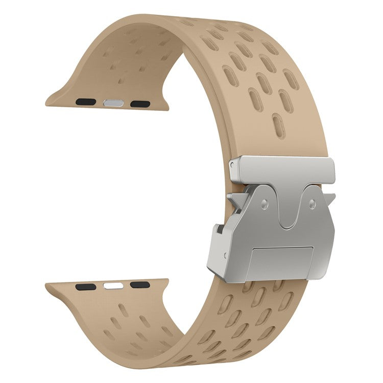 KALEBOL Silicone Band For Apple Watch Series 10 Ultra 9 8 7 SE 6 5 4 3 2 1 46mm 49mm 45mm 44mm 42mm Hollow Strap with Silver Buckle - Milk Tea