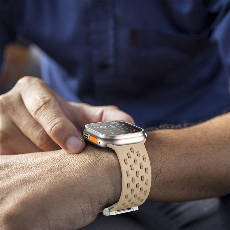 KALEBOL Silicone Band For Apple Watch Series 10 Ultra 9 8 7 SE 6 5 4 3 2 1 46mm 49mm 45mm 44mm 42mm Hollow Strap with Silver Buckle - Milk Tea