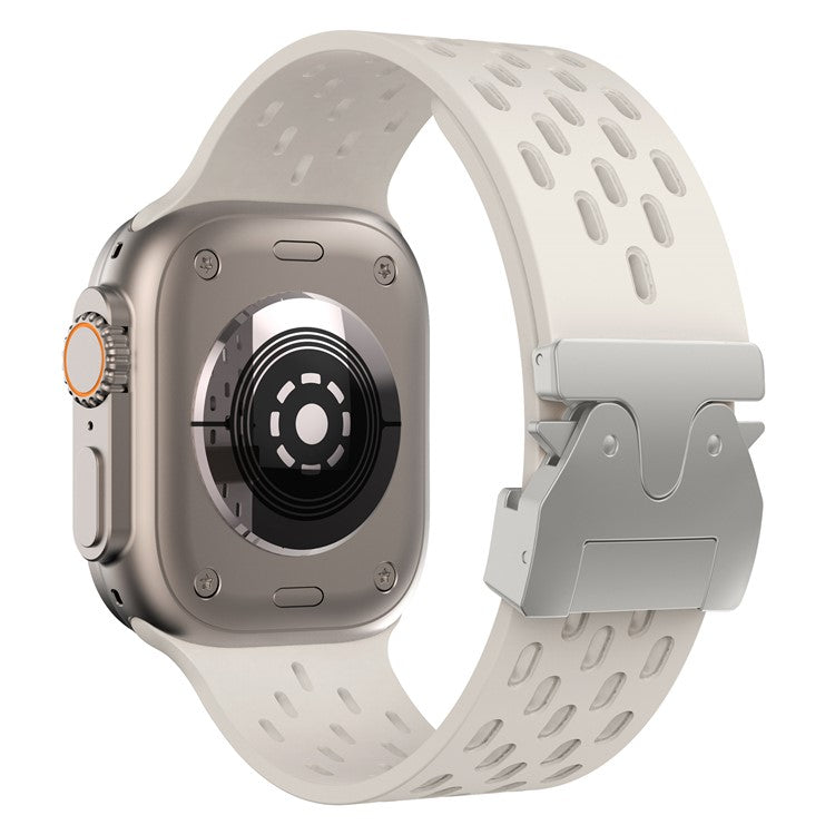 KALEBOL Silicone Band For Apple Watch Series 10 Ultra 9 8 7 SE 6 5 4 3 2 1 46mm 49mm 45mm 44mm 42mm Hollow Strap with Silver Buckle - Starlight