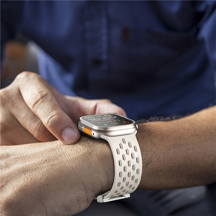 KALEBOL Silicone Band For Apple Watch Series 10 Ultra 9 8 7 SE 6 5 4 3 2 1 46mm 49mm 45mm 44mm 42mm Hollow Strap with Silver Buckle - Starlight