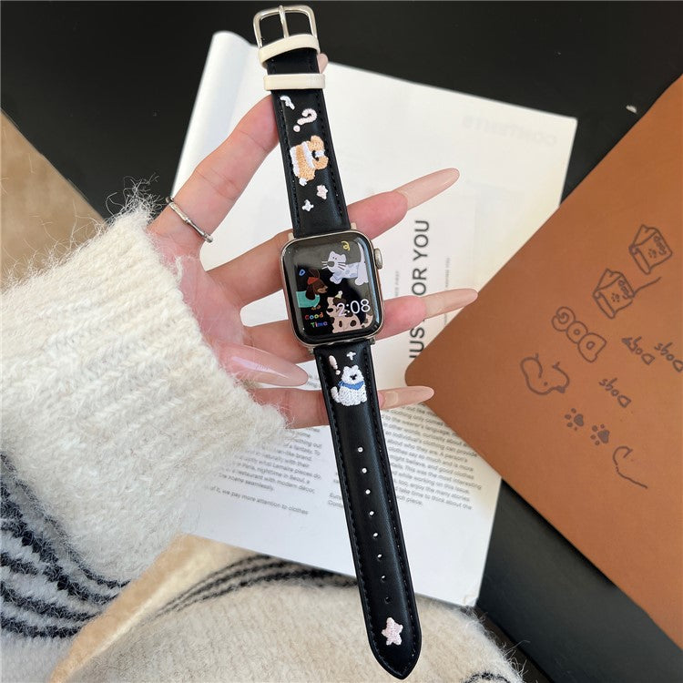 Leather Strap for Apple Watch Series 10 9 8 7 SE 6 5 4 3 2 1 42mm 41mm 40mm 38mm Cat Embroidery Adjustable Band - Apricot