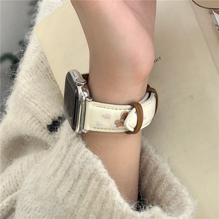 Leather Strap for Apple Watch Series 10 9 8 7 SE 6 5 4 3 2 1 42mm 41mm 40mm 38mm Cat Embroidery Adjustable Band - Apricot