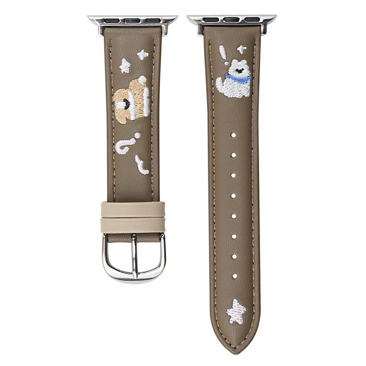 Leather Strap for Apple Watch Series 10 Ultra 9 8 7 SE 6 5 4 3 2 1 46mm 49mm 45mm 44mm 42mm Cat Embroidery Adjustable Band - Dark Brown