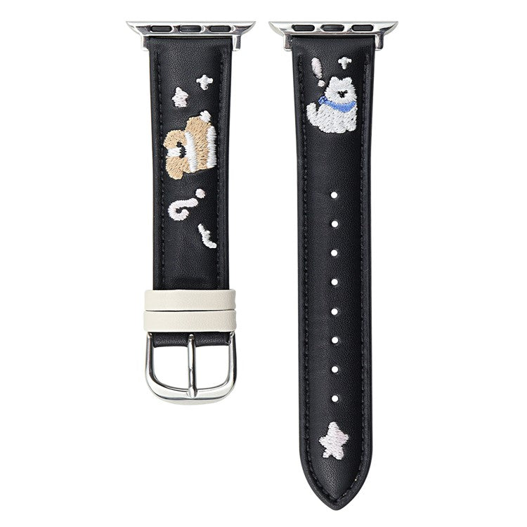 Leather Strap for Apple Watch Series 10 Ultra 9 8 7 SE 6 5 4 3 2 1 46mm 49mm 45mm 44mm 42mm Cat Embroidery Adjustable Band - Black