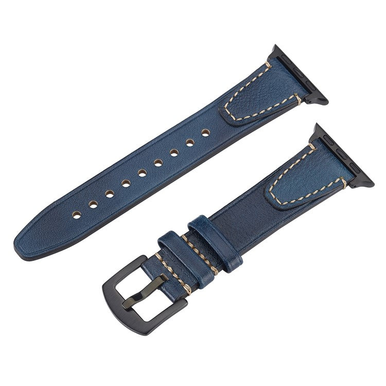 Watch Band for Apple Watch Series 10 Ultra 9 8 7 SE 6 5 4 3 2 1 46mm 49mm 45mm 44mm 42mm U-shaped Design Genuine Cow Leather Strap - Blue