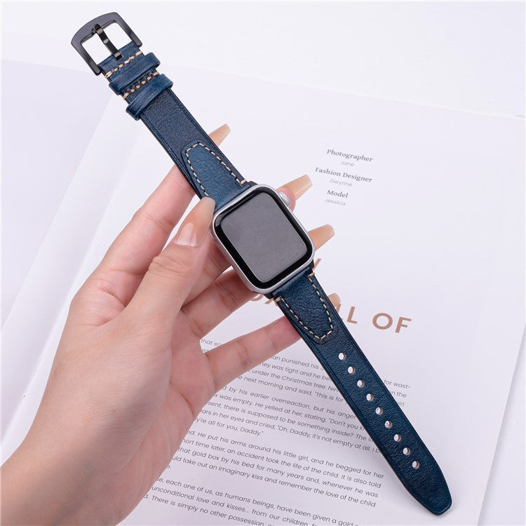 Watch Band for Apple Watch Series 10 Ultra 9 8 7 SE 6 5 4 3 2 1 46mm 49mm 45mm 44mm 42mm U-shaped Design Genuine Cow Leather Strap - Blue