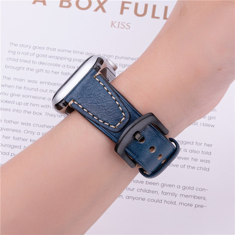 Watch Band for Apple Watch Series 10 Ultra 9 8 7 SE 6 5 4 3 2 1 46mm 49mm 45mm 44mm 42mm U-shaped Design Genuine Cow Leather Strap - Blue