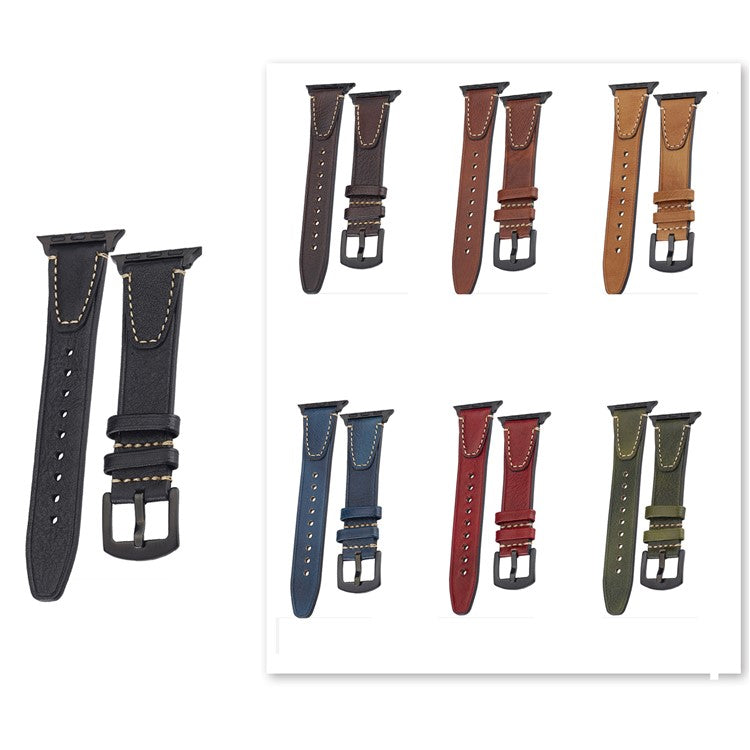 Watch Band for Apple Watch Series 10 Ultra 9 8 7 SE 6 5 4 3 2 1 46mm 49mm 45mm 44mm 42mm U-shaped Design Genuine Cow Leather Strap - Blue