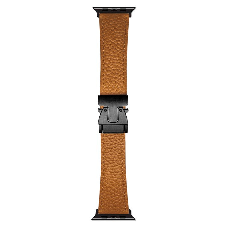 Genuine Cow Leather Strap for Apple Watch Series 10 9 8 7 SE 6 5 4 3 2 1 42mm 41mm 40mm 38mm Litchi Texture Magnetic Buckle Watch Band - Brown