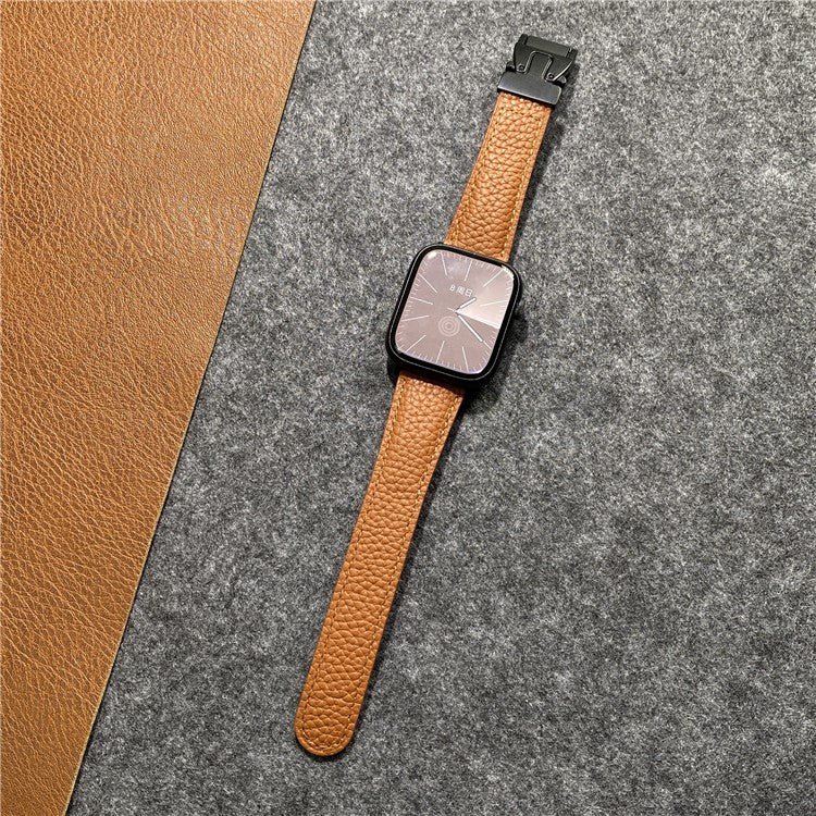 Genuine Cow Leather Strap for Apple Watch Series 10 9 8 7 SE 6 5 4 3 2 1 42mm 41mm 40mm 38mm Litchi Texture Magnetic Buckle Watch Band - Brown